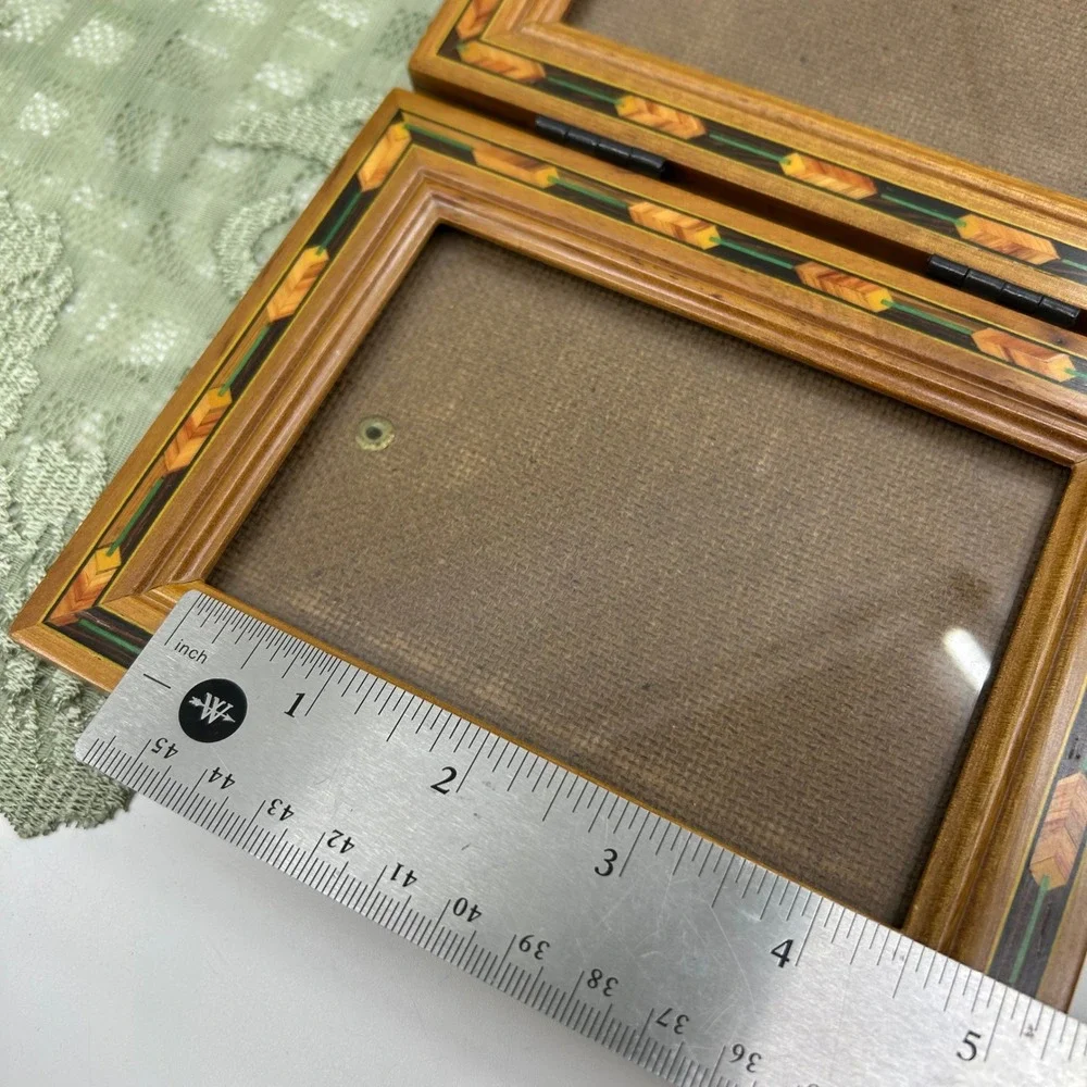Vintage Wood Inlay Fetco Marquetry Double Frame Standing Wooden